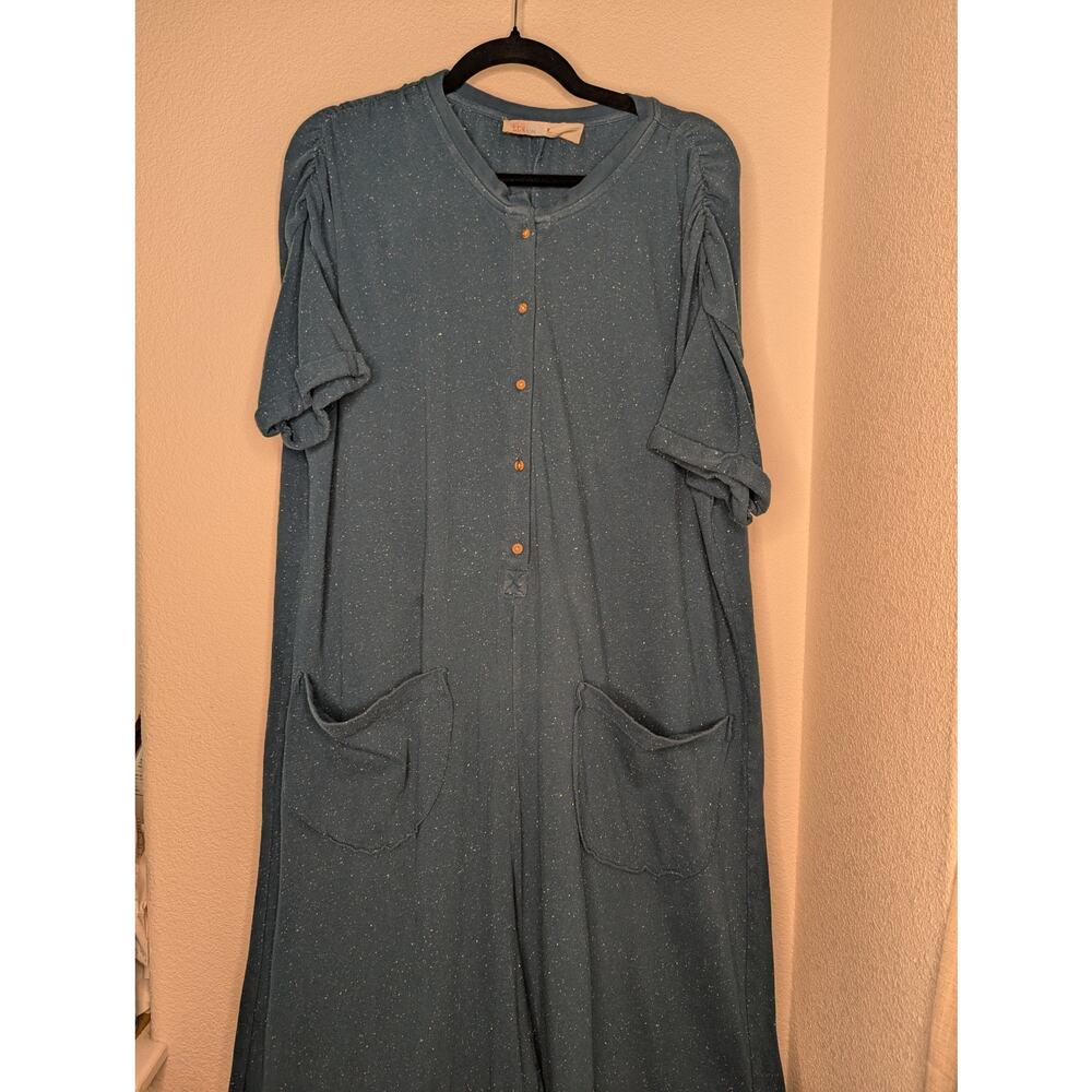 Free People Teal Button-Front Wide-Leg Jumpsuit